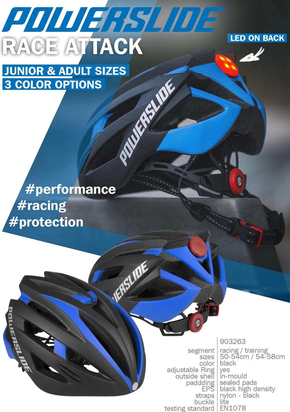 Powerslide Race Attack fiets/skatehelm zwart/blauw met LED licht